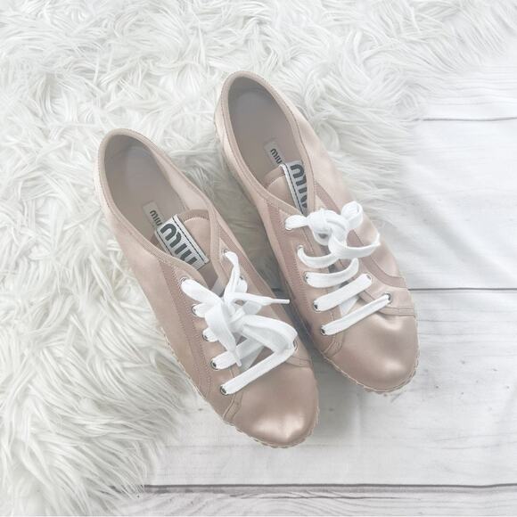 Miu Miu Women's Pink Satin Lace-up Platform Espadrille Sneaker Size‎ 42 - Picture 3 of 8